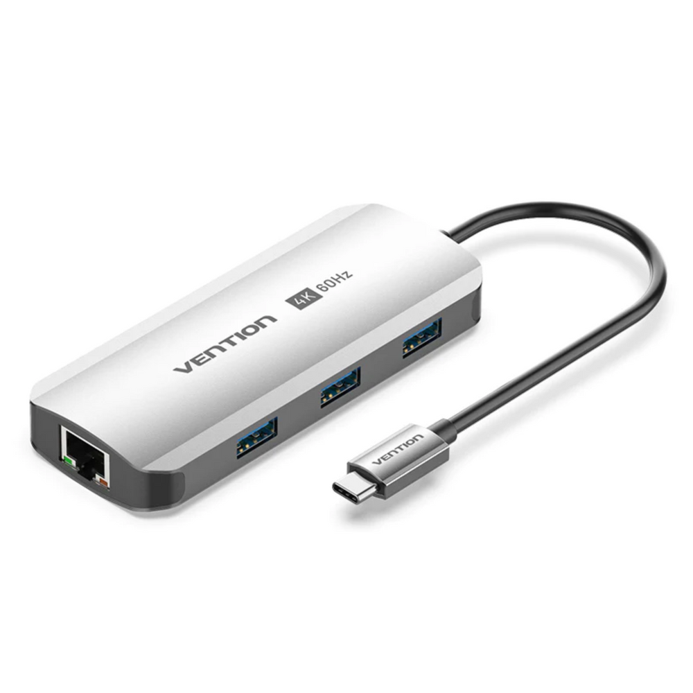 VEN-TQHHB - Vention USB-C to HDMI/USB 3.0 x3/RJ45/PD Docking Station 0.15M Gray Aluminium Alloy Type