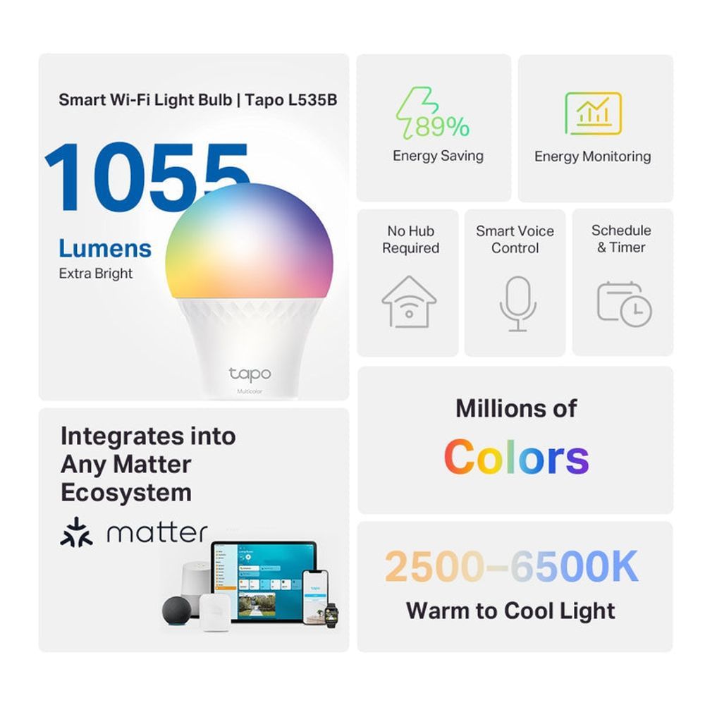 TL-TapoL535B - TP-Link Tapo L535B Smart WiFi Light Bulb, Multicolour, Bayonet