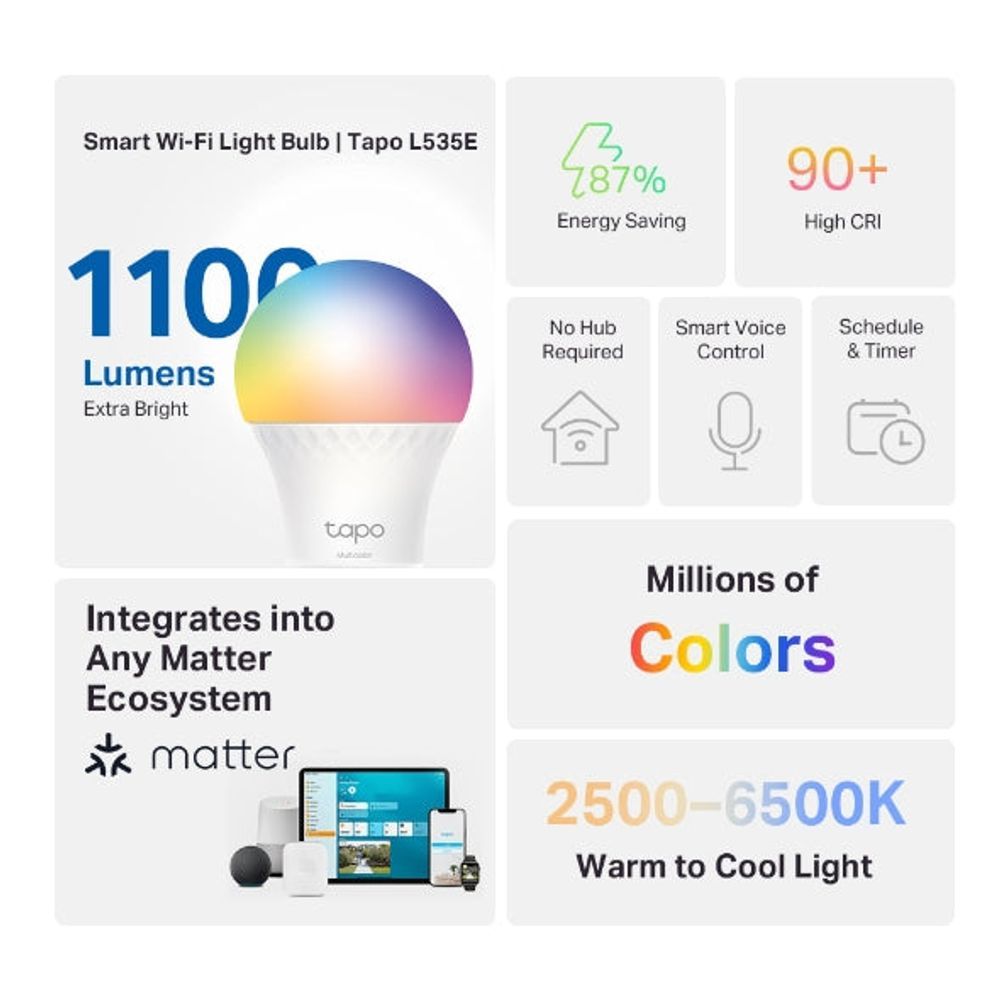 TL-TAPOL535E - TP-Link Tapo L535E Smart WiFi Light Bulb, Multicolour