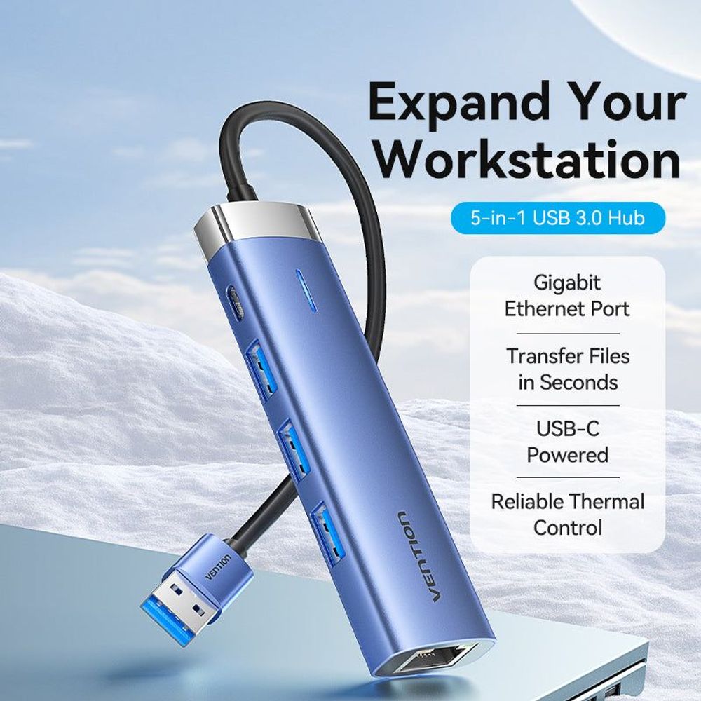 VEN-TGFSB - Vention USB 3.0 to USB 3.0 x 3/RJ45/USB-C Hub 0.15M Blue Aluminum Alloy Type