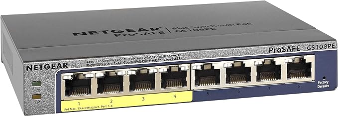 GS108PE-300AJS - NETGEAR GS108PE ProSafe Plus 8-Port Managed Gigabit Internet Ethernet Switch with 4-Port PoE, Black, 8 Port PoE