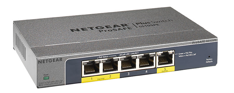 GS105PE-10000S Netgear GS105PE ProSAFE Plus 5-Port Gigabit Switch with 2-Port Poe & 1-Port Poe Passthrough