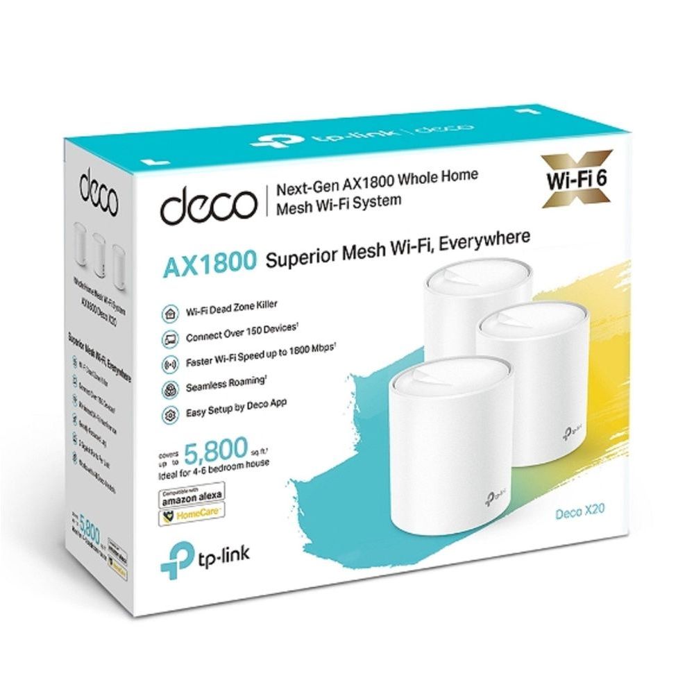 TL-DECOX20-3P - TP-Link Deco X20 Wi-Fi 6 Whole-Home Mesh System - 3 Pack, MU-MIMO, Dual-Band AC1800, Parental Controls, Antivirus, QOS
